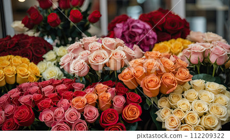 Multicolored roses in a flower shop - fresh supply of cut flowers for spring holidays, floral shop. AI generated 112209322