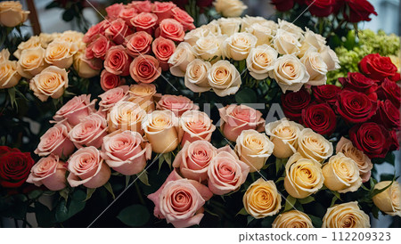 Multicolored roses in a flower shop - fresh supply of cut flowers for spring holidays, floral shop. AI generated 112209323