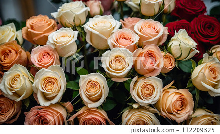 Multicolored roses in a flower shop - fresh supply of cut flowers for spring holidays, floral shop. AI generated 112209325