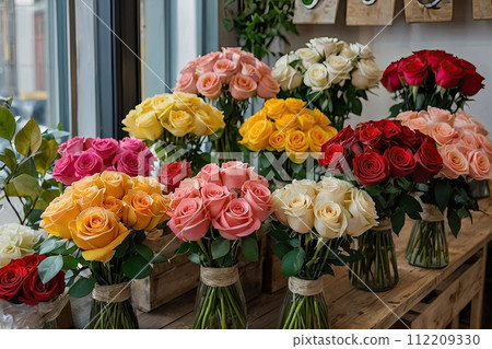 Multicolored roses in a flower shop - fresh supply of cut flowers for spring holidays, floral shop. AI generated 112209330