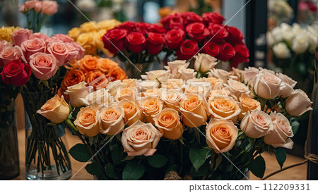 Multicolored roses in a flower shop - fresh supply of cut flowers for spring holidays, floral shop. AI generated 112209331