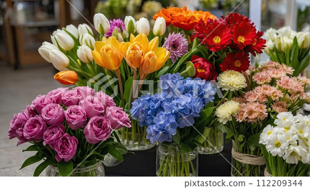 Multicolored spring flowers in a flower shop - fresh supply of cut flowers for spring holidays. Tulips, roses, peonies, crocuses, chrysanthemums, hydrangeas, hyacinth, eustoma. AI generated 112209344