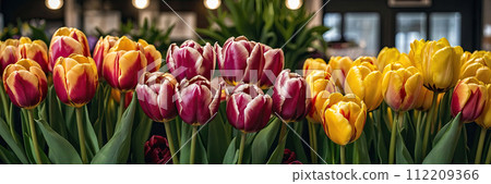 Multicolored tulips in a flower shop - fresh supply of cut flowers for spring holidays, floral shop window. AI generated 112209366