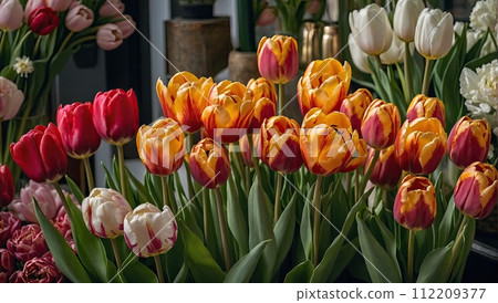 Multicolored tulips in a flower shop - fresh supply of cut flowers for spring holidays, floral shop window. AI generated Multicolored tulips in a flower shop - fresh supply of cut flowers for spring holidays, floral shop window. AI generated 112209377
