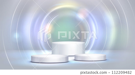 White cylinder podium with light neon circle 112209482