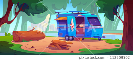 Camping place with camper van in forest Camping place with camper van in forest 112209502