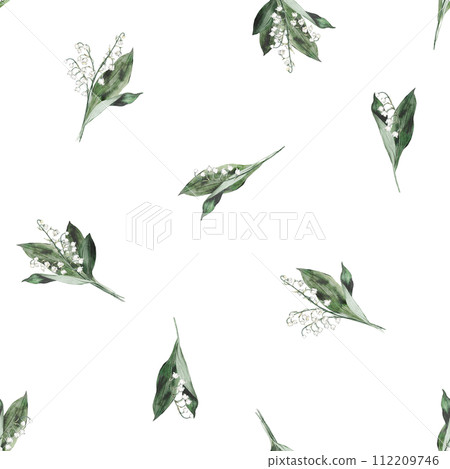 Floral pattern spring lily of the valley. Watercolor seamless background flowers. Cute Print for textile design or wallpaper. Hand drawn illustration with flowers, buds, leaves and stems. Floral pattern spring lily of the valley. Watercolor seamless background flowers. Cute Print for textile design or wallpaper. Hand drawn illustration with flowers, buds, leaves and stems. 112209746