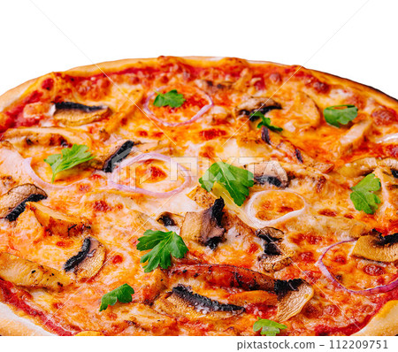 Fresh Barbecue Chicken Pizza with Vegetables and Cheese 112209751