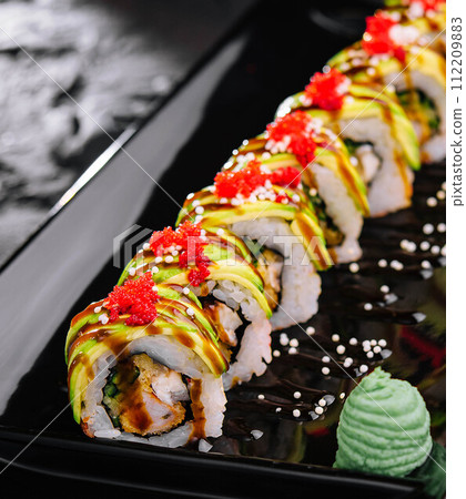 avocado roll sushi with shrimps inside 112209883