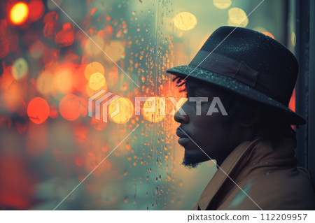 Portrait of an African-American man against the background of the lights of a night city 112209957