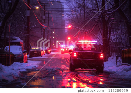 A police car with its siren turned on stands on a snowy street of a night city 112209959