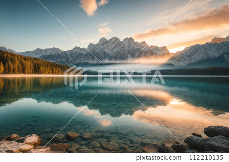 summer sunrise on beautiful lake with mountain range ,beauty of 112210135