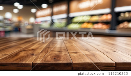Empty wood table with supermarket blurred background for product Empty wood table with supermarket blurred background for product 112210223
