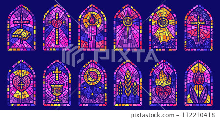 Church glass windows. Stained mosaic catholic frames with cross, book and religious symbols. Vector set 112210418