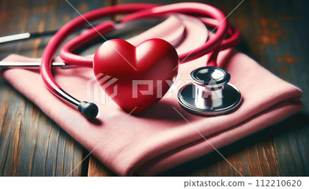 red heart on pink fabric on a wooden surface with stethoscope 112210620