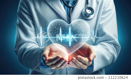 medical professional with stethoscope and holding modern interfa 112210624