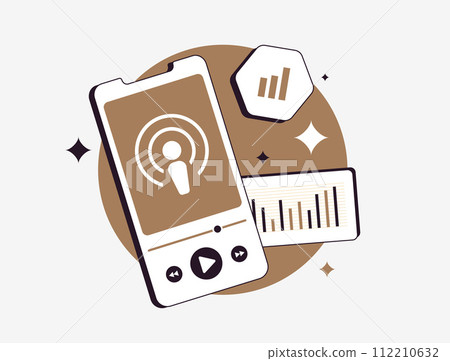 Optimize podcasts with precise analytics, common indicators of engagement, monitor podcast metrics and delve into valuable audience insights for strategic audio content creation vector illustration 112210632