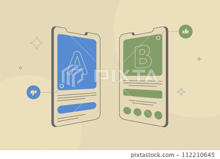 AB testing graphics, mobile app split test comparison icons, data analysis and experiment results, marketing strategy visualization, conversion rate optimization illustration with icons 112210645