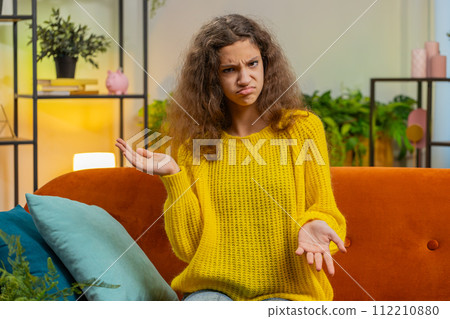 Child kid girl asking why, what reason of failure, demonstrating disbelief irritation by troubles Child kid girl asking why, what reason of failure, demonstrating disbelief irritation by troubles 112210880