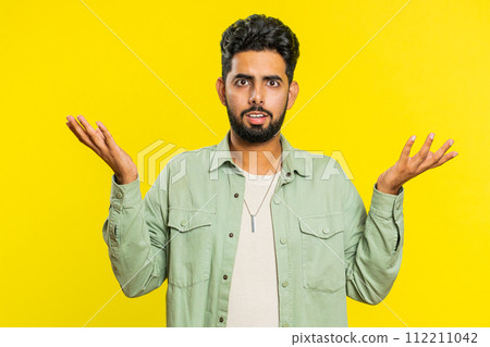 Angry Indian man asking why what reason of failure irritation disbelief by troubles conflict quarrel 112211042