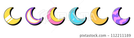 Isolated retro crescent icon set, vector stickers. Half moon, magic dream, night and sleep time, moon phase. Outline 3d crescents with pattern. Retro design elements for ads and pop culture Isolated retro crescent icon set, vector stickers. Half moon, magic dream, night and sleep time, moon phase. Outline 3d crescents with pattern. Retro design elements for ads and pop culture 112211189