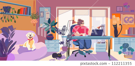 Fat woman working on a laptop while sitting at the table in a cozy interior. Dog and cat. Pet friendly. Adult or young programmer guy wearing casual plus size wear. Vector illustration 112211355