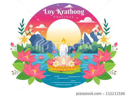 Loy Krathong Vector Illustration of Festival Celebration in Thailand with Lanterns and Krathongs Floating on Water Design in Flat Cartoon Background 112211586