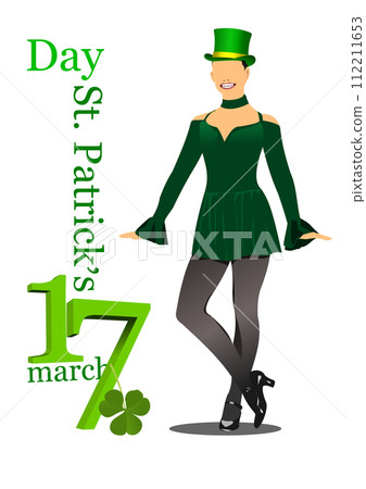 St. Patrick's Day. Girl in green hat dancing riverdance. 3d vector illustration St. Patrick's Day. Girl in green hat dancing riverdance. 3d vector illustration 112211653