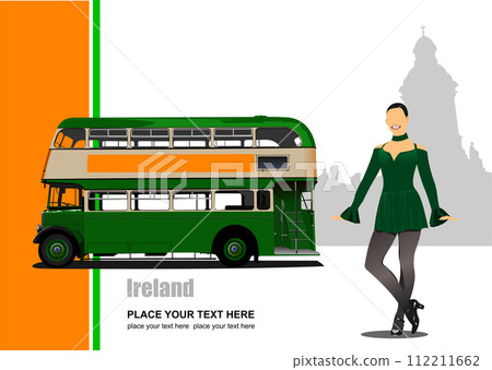 Vintage green bus and riverdance girl. Vector illustration. Vintage green bus and riverdance girl. Vector illustration. 112211662