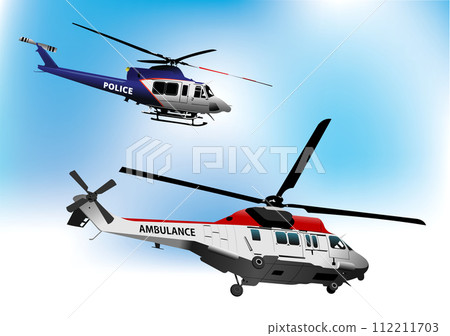 Ambulance and Police Helicopters. Vector 3d illustration 112211703
