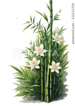 watercolor art of bamboo tree and flower ,space for text 112211759