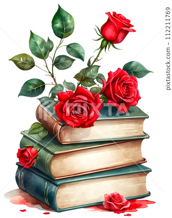 watercolor pile of books with red roses  112211769