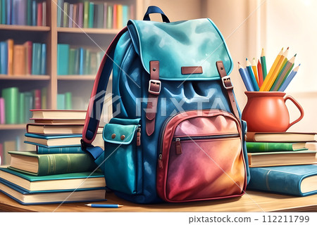 watercolor of school books textbooks backpack with library backg 112211799