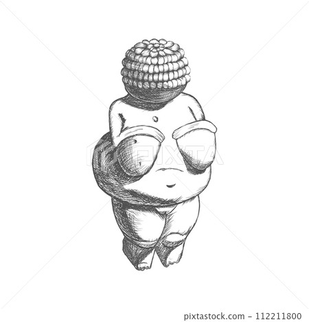 Venus of Willendorf - hand drawn sketch of stone obese female figurine isolated on white. An example of primitive art of the late Paleolithic. Symbol of fertility and abundance. Vector illustration. 112211800