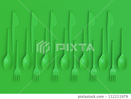 Set of disposable utensils like plate, folk, spoon,knife, cup and pepper mill 112211979