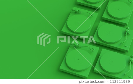 Set of vinyl record player or DJ turntable with retro vinyl disk on monochrome 112211989