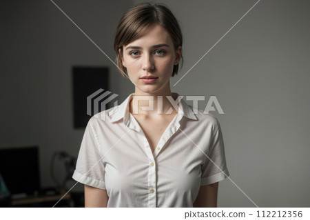 Portrait of cheerful beautiful woman posing in studio over gray background. People, happiness, confident, emotions and lifestyle concept 112212356