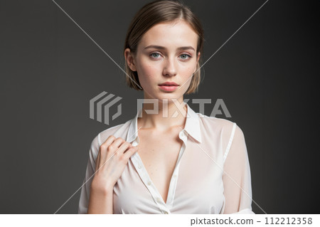 Portrait of cheerful beautiful woman posing in studio over gray background. People, happiness, confident, emotions and lifestyle concept 112212358