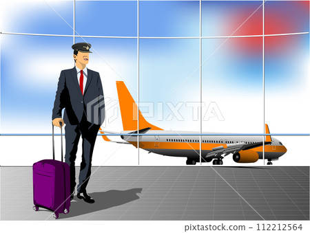 Airport scene with airplane and pilot images. Vector 3d illustration for designers Airport scene with airplane and pilot images. Vector 3d illustration for designers 112212564