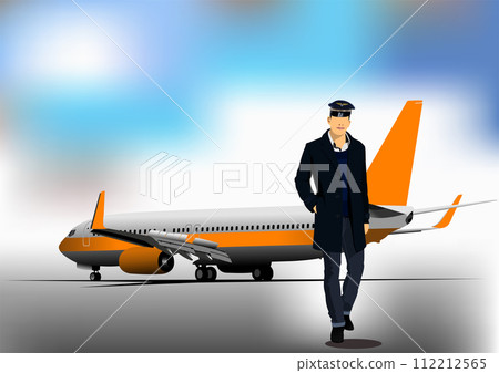 Airport scene with airplane and pilot images. Vector 3d illustration for designers Airport scene with airplane and pilot images. Vector 3d illustration for designers 112212565