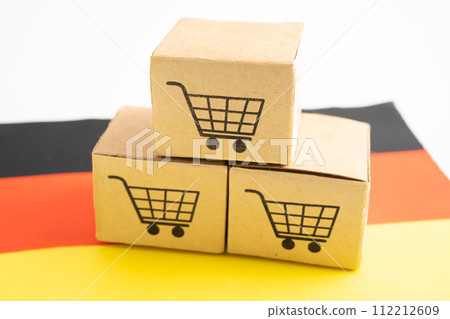 Box with shopping online cart logo and Germany flag, Import Export Shopping online or commerce finance delivery service store product trade, supplier. 112212609