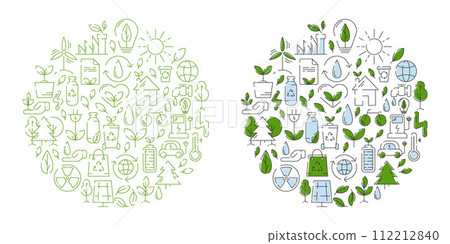 Ecology, line icons design, round form. Ecology environment improvement, sustainability, recycle, renewable energy, nature. Eco friendly vector illustration. Concept of net zero emissions by 2050. 112212840