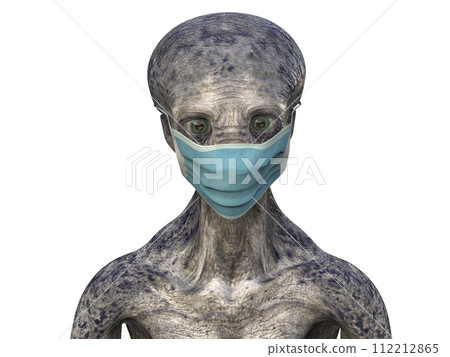 Alien in face mask, conceptual 3D illustration. Alien in face mask, conceptual 3D illustration. 112212865