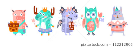 Funny Animal Celebrate Happy Birthday Holiday Vector Set Funny Animal Celebrate Happy Birthday Holiday Vector Set 112212905