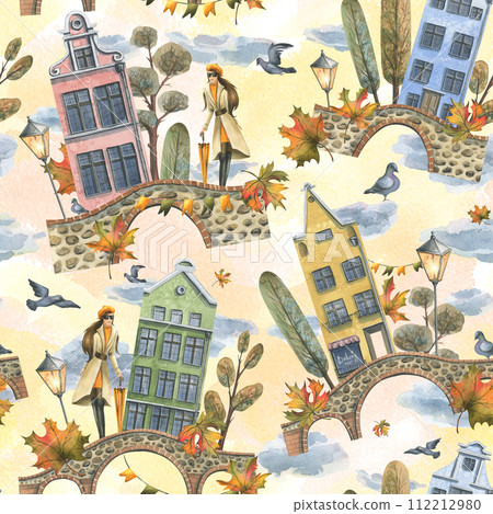 Ancient European houses are colorful, with autumn trees and leaves, stone bridges and lanterns, with a girl in a raincoat with an umbrella. Hand drawn watercolor illustration. Seamless pattern Ancient European houses are colorful, with autumn trees and leaves, stone bridges and lanterns, with a girl in a raincoat with an umbrella. Hand drawn watercolor illustration. Seamless pattern 112212980