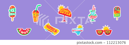 Bright Summer Sticker with Cocktail, Ice Cream, Watermelon, Sunglasses and Skateboard Vector Set 112213076