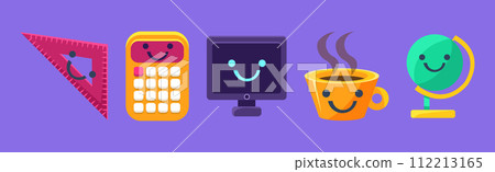 Cute School Supply Item with Smiling Face Vector Set Cute School Supply Item with Smiling Face Vector Set 112213165
