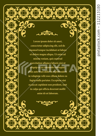 Gold ornament on dark background. Can be used as invitation card. Book cover. Vector illustration 112213180
