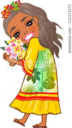 A cheerful tropical girl holding a bouquet of flowers A cheerful tropical girl holding a bouquet of flowers 112213273