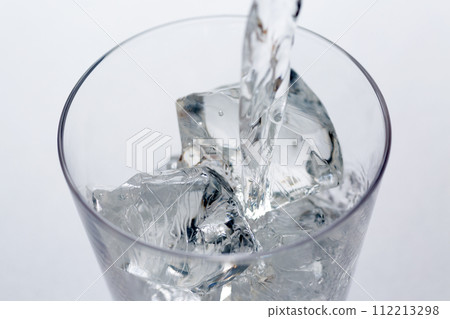 pour water into glass with ice 112213298